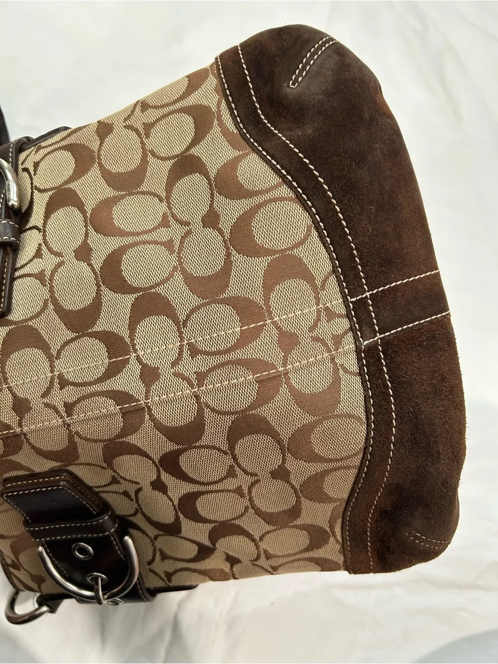 Coach Brown Signature Canvas Shoulder Bag with Dark Trim